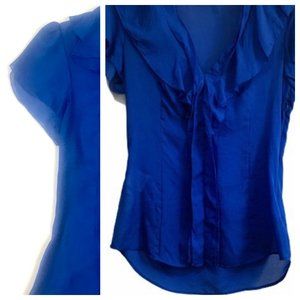 bcbg blue sheer top ruffle v neck blouse flutter sleeve s